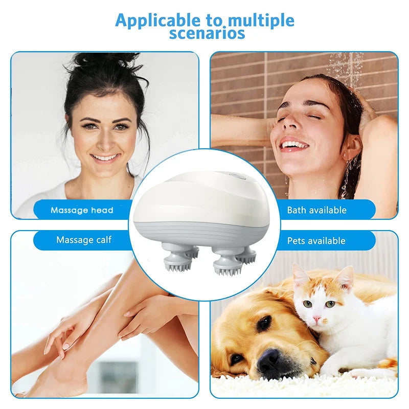 Zorelie electric head massager shown for use on head, calf, in bath, and on pets with white compact design