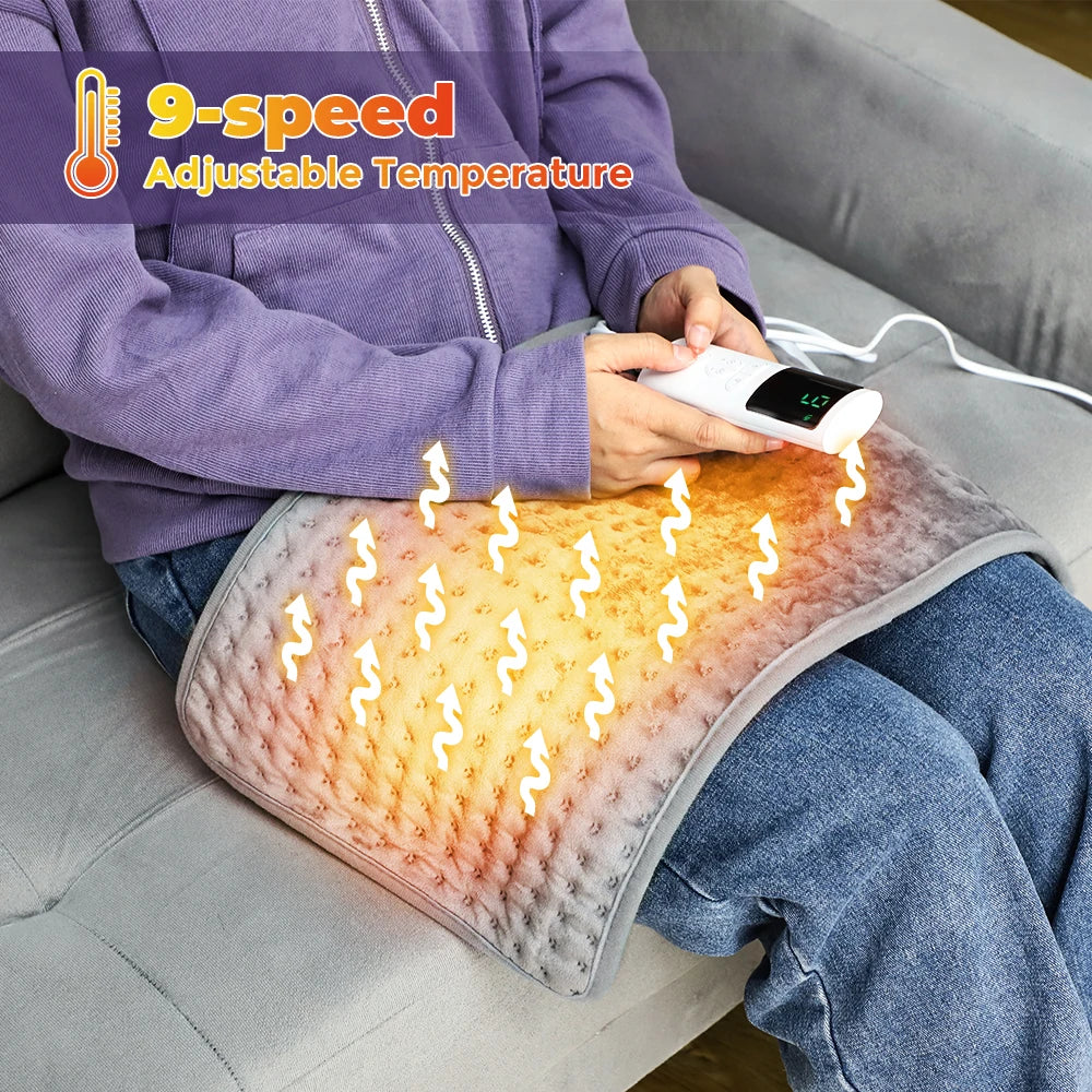 Person using Zorelie.co electric heating pad for pain relief with 9-speed adjustable temperature sitting on couch