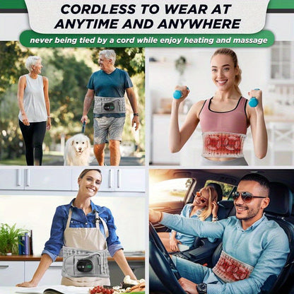 Cordless inflatable heating massage waist belt worn by different people during walking, exercising, cooking, and driving