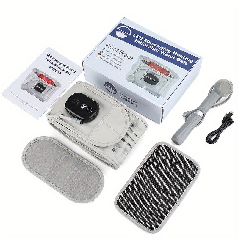 Zorelie.co inflatable heating massage waist belt set with LED control, massage pad, manual, and accessories