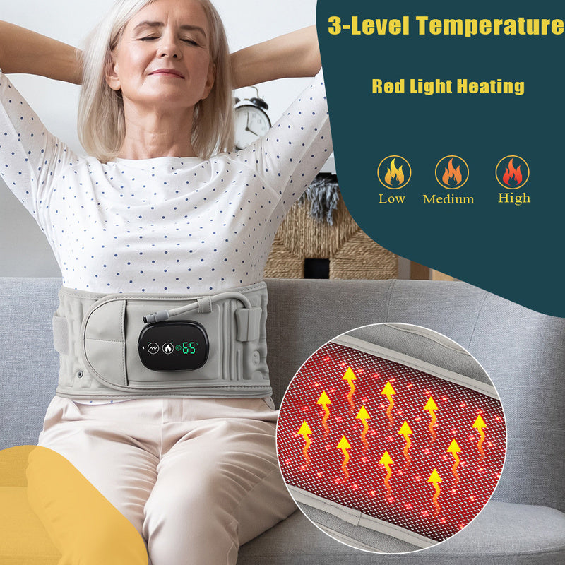 Woman wearing inflatable heating massage waist belt with 3-level temperature and red light heating features