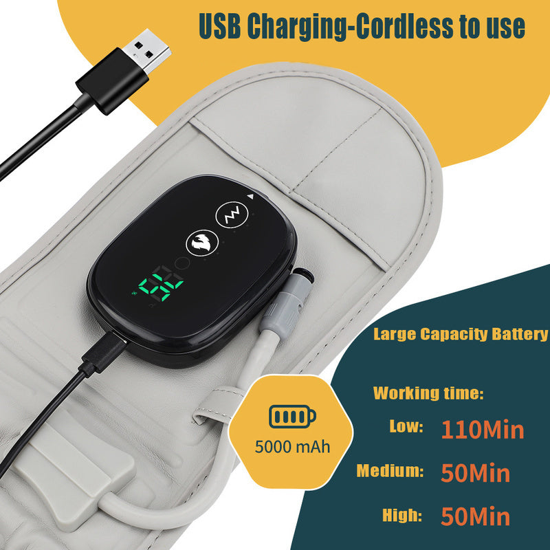 Inflatable heating massage waist belt with USB charging and digital control display showing battery status