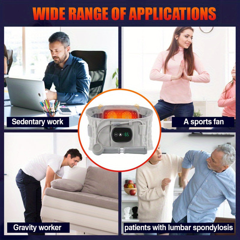 Inflatable heating massage waist belt shown with various users including sedentary workers, sports fans, gravity workers, and lumbar spondylosis patients