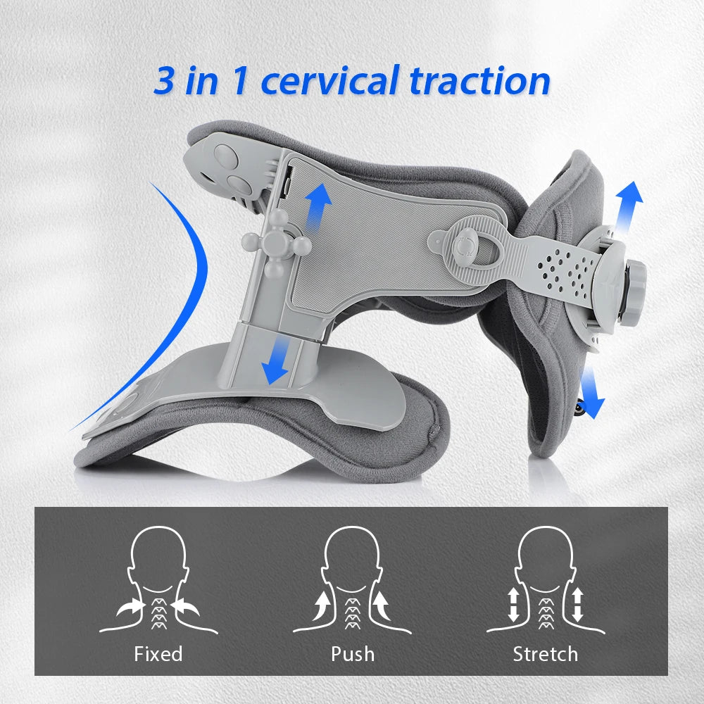 Zorelie.co infrared neck traction device showing 3 in 1 cervical traction with adjustable fixed, push, and stretch functions