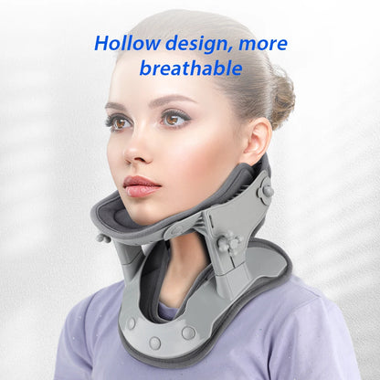 Woman wearing a gray infrared neck traction device with hollow design for breathability
