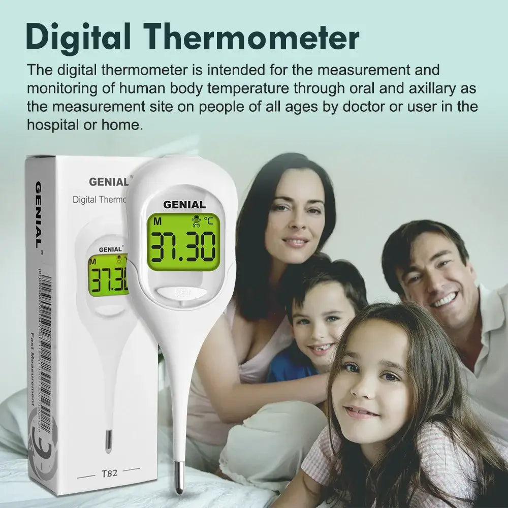 Genial digital thermometer fast reading with clear LCD display and family using it at home