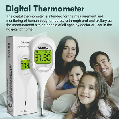 Genial digital thermometer fast reading with clear LCD display and family using it at home