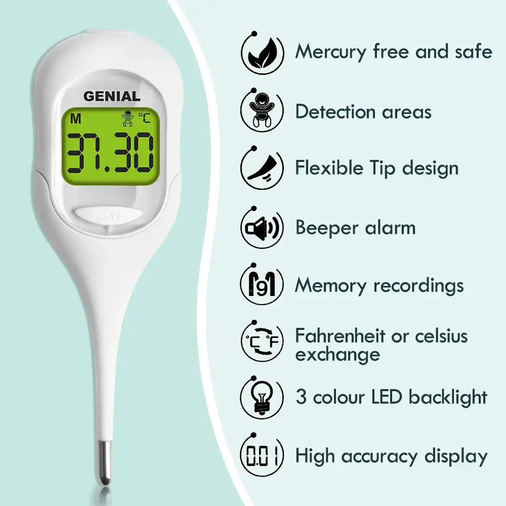 Genial digital thermometer fast reading with green backlight and flexible tip design