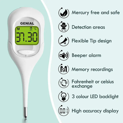 Genial digital thermometer fast reading with green backlight and flexible tip design