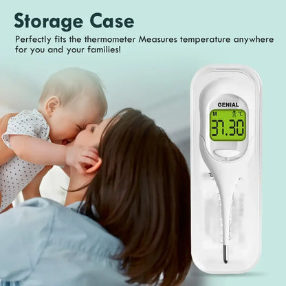 Digital thermometer fast reading with storage case beside mother holding baby for family use
