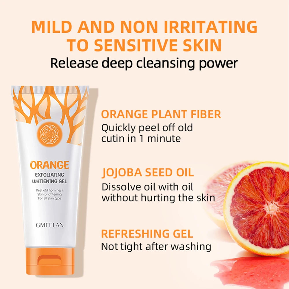 Orange exfoliating gel for sensitive skin by Zorelie.co with orange plant fiber and jojoba seed oil for gentle cleansing