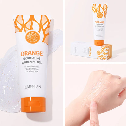 Orange exfoliating gel for sensitive skin in a white and orange tube with gel texture on hand