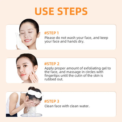Step-by-step use instructions for orange exfoliating gel for sensitive skin with face cleansing images