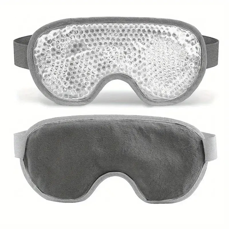 Gray gel eye mask for hot and cold therapy with textured gel front and soft fabric back