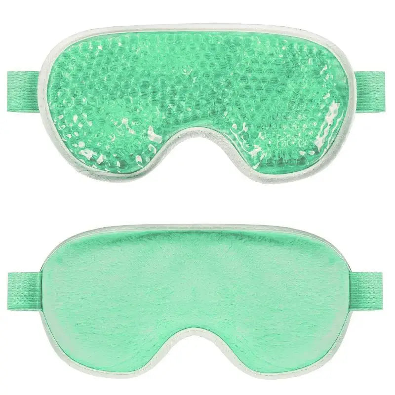 Zorelie.co green gel eye mask for hot and cold therapy with adjustable strap and soft backing