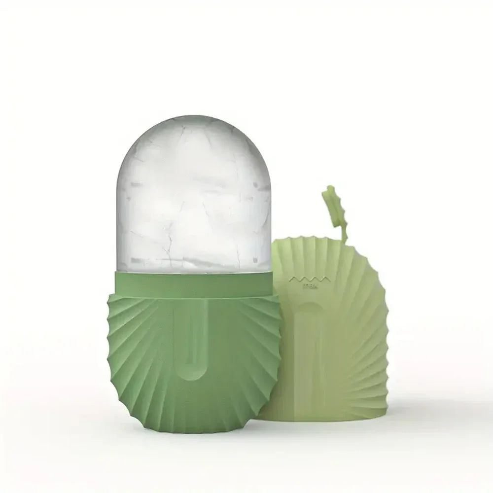 Green textured ice roller for face and eyes with transparent cooling head and silicone cover