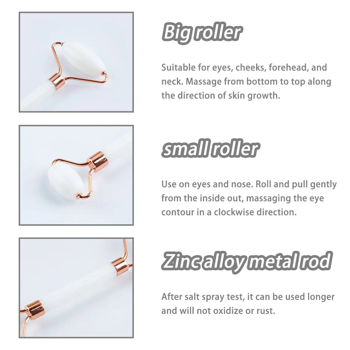 Zorelie.co gua sha facial massage roller with big white roller, small roller, and zinc alloy metal rod