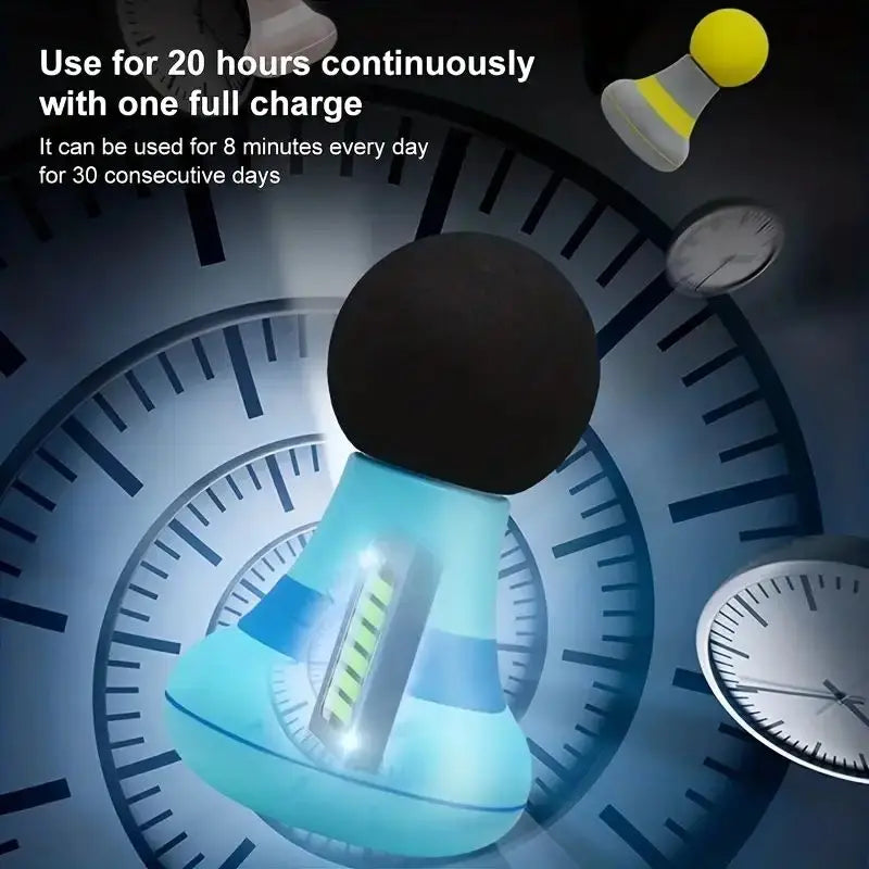 Handheld mini muscle massage gun with long battery life shown against clock background