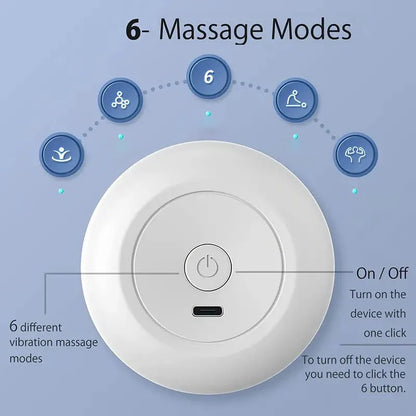 White handheld mini muscle massage gun showing six different vibration massage modes and on off button