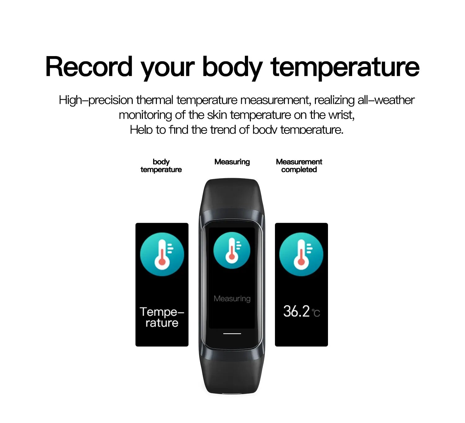 Zorelie.co heart rate and SpO2 tracker watch displaying body temperature measurement on wrist
