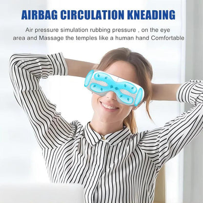 Woman wearing Zorelie heated eye massager with music in blue and white for airbag circulation kneading