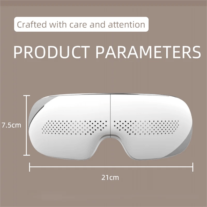 Zorelie heated eye massager with music in white showing product dimensions 21cm by 7.5cm