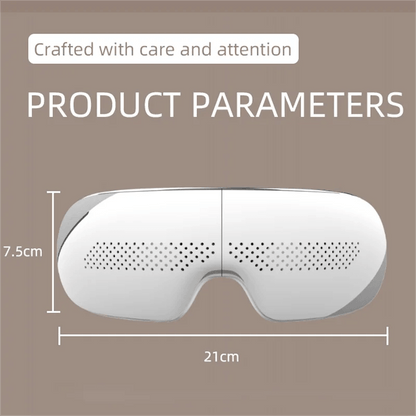 Zorelie heated eye massager with music in white showing product dimensions 21cm by 7.5cm