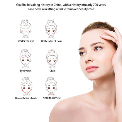 Diagram showing natural stone gua sha facial tool massage points on face with woman demonstrating application