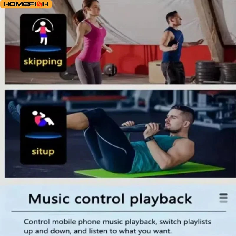 Multifunction smartwatch for health tracking showing skipping and situp workout modes with music control playback