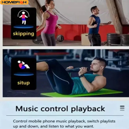 Multifunction smartwatch for health tracking showing skipping and situp workout modes with music control playback