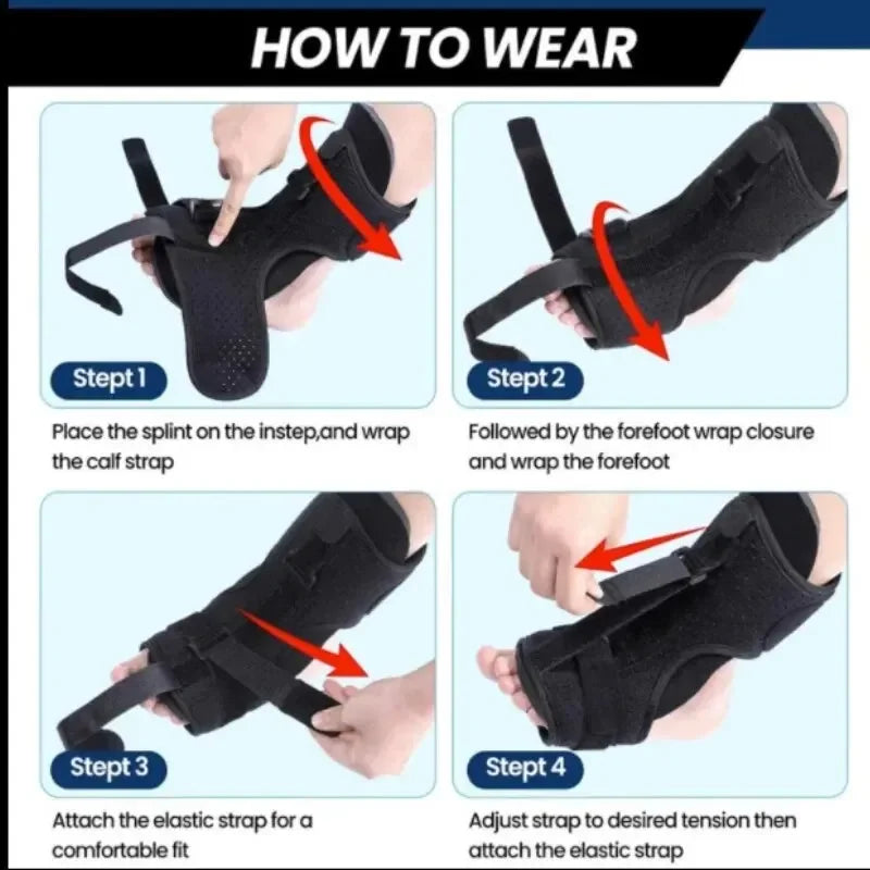 Step-by-step instructions showing how to wear plantar fasciitis night splint with straps for secure fit