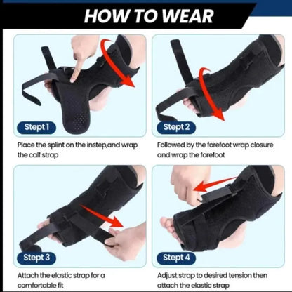 Step-by-step instructions showing how to wear plantar fasciitis night splint with straps for secure fit