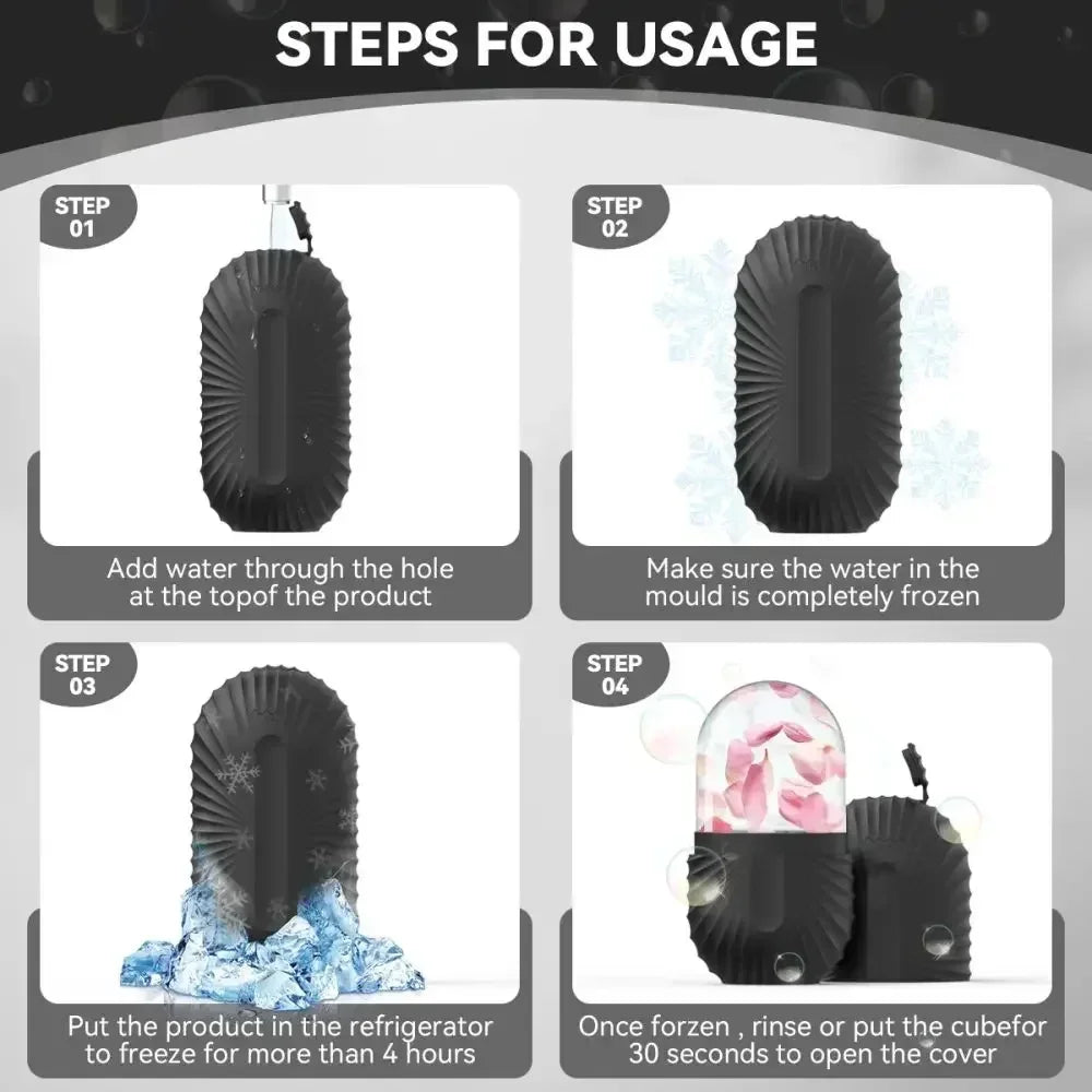 Zorelie.co ice roller for face and eyes showing step-by-step usage with water filling freezing and rinsing instructions