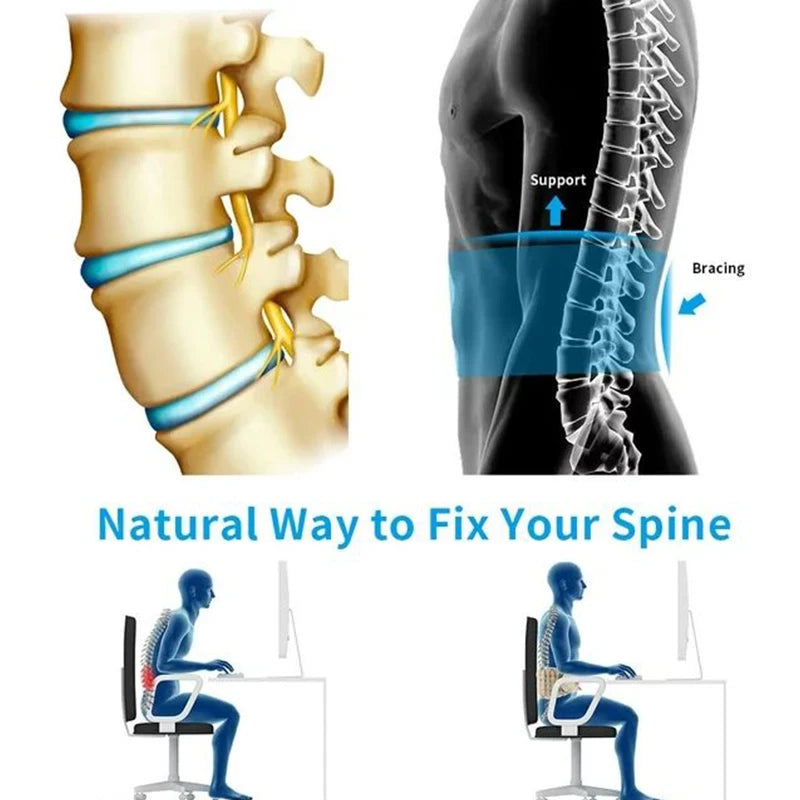 Diagram showing spine support and bracing benefits of inflatable lumbar traction belt for natural back pain relief