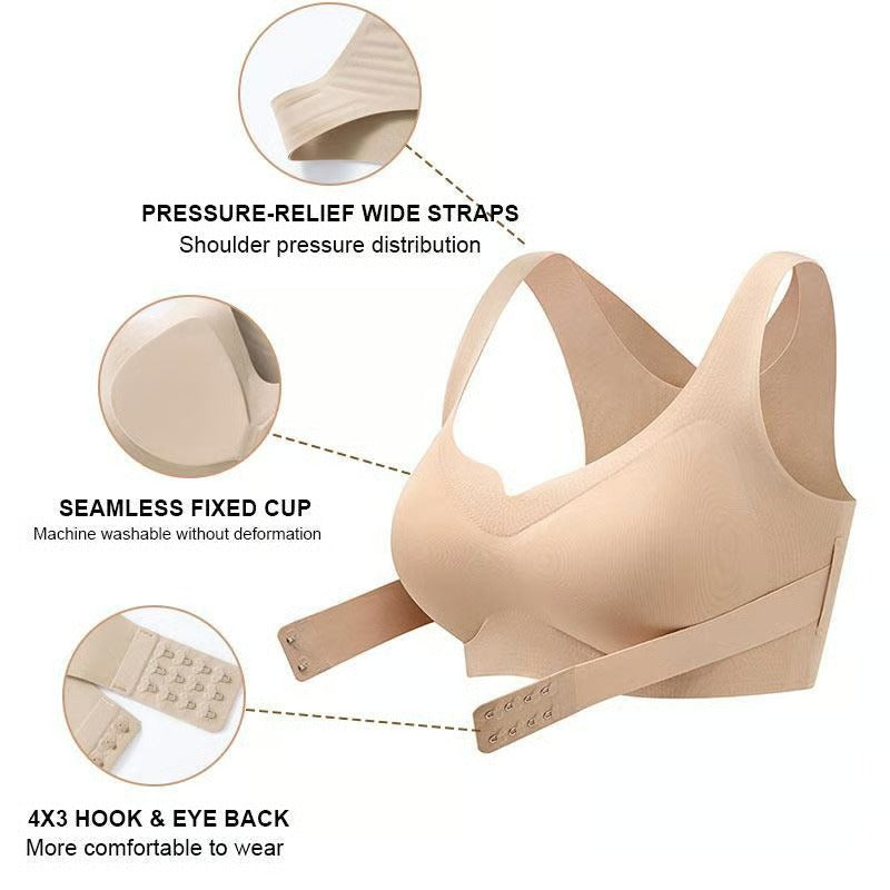 Nude posture corrector bra for women with pressure-relief wide straps seamless fixed cup and 4x3 hook and eye back