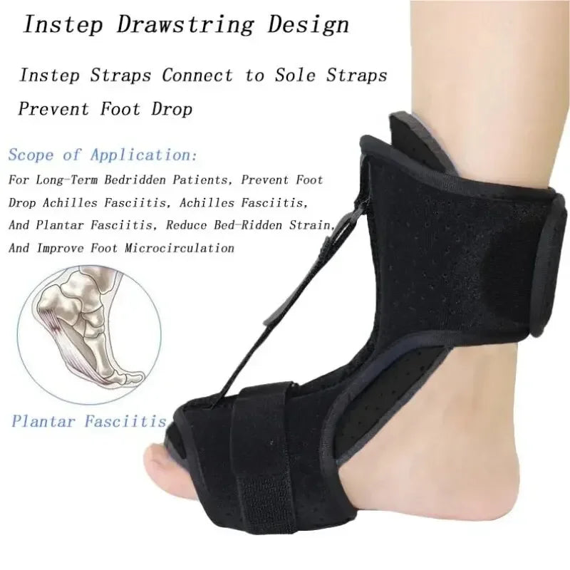 Zorelie.co plantar fasciitis night splint in black with instep drawstring design to prevent foot drop