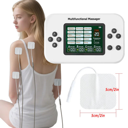 TENS EMS physiotherapy machine with multifunctional massager and electrode pads on woman’s back