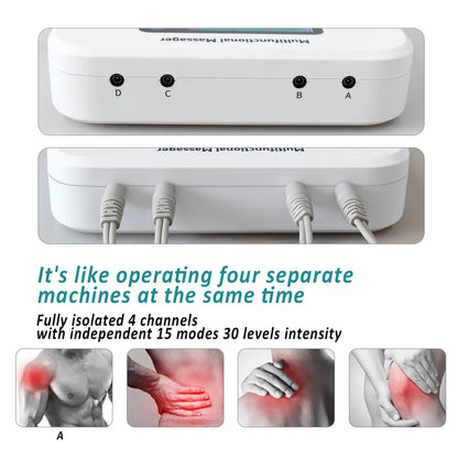 Zorelie.co TENS EMS physiotherapy machine showing four channel ports and pain relief usage areas