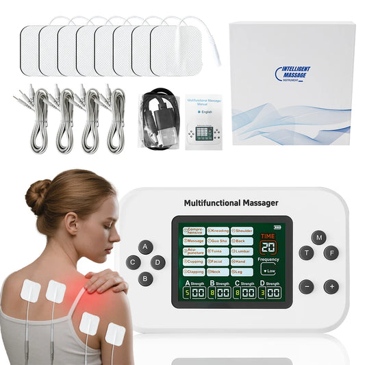 Zorelie.co TENS EMS physiotherapy machine with electrode pads, cables, and digital control for pain relief