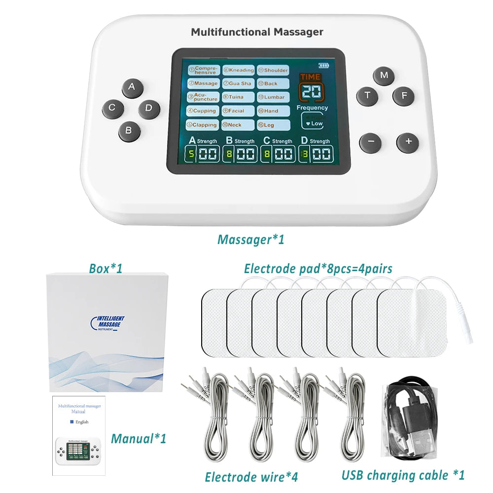 Zorelie.co TENS EMS physiotherapy machine with electrodes, wires, USB charging cable, and user manual