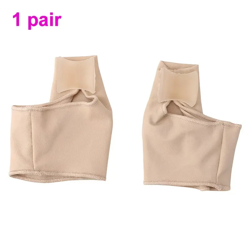 Pair of beige silicone bunion corrector sleeves from Zorelie.co for foot pain relief