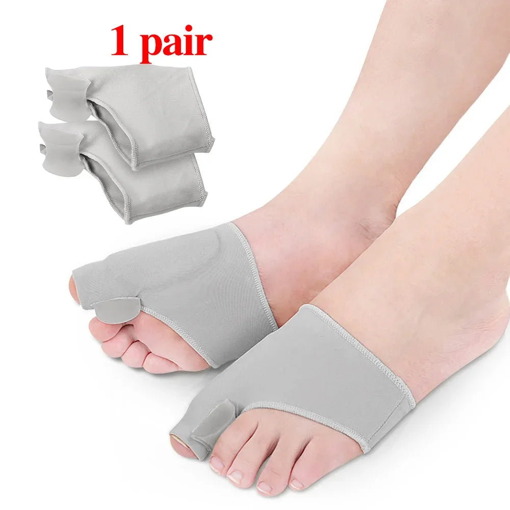 Gray silicone bunion corrector worn on feet showing toe alignment and padded support for bunion relief