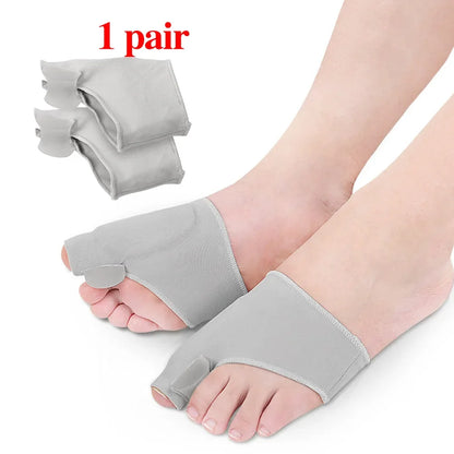 Gray silicone bunion corrector worn on feet showing toe alignment and padded support for bunion relief