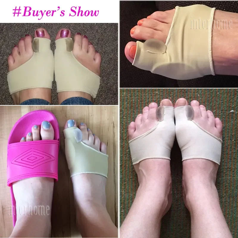 Multiple views of silicone bunion corrector worn on feet for real buyer demonstration by Zorelie.co