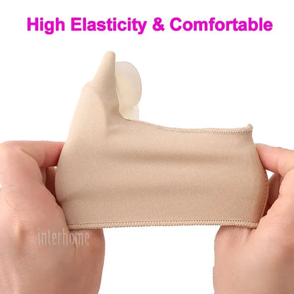 Beige high elasticity and comfortable silicone bunion corrector being stretched by hands