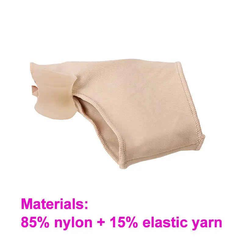 Beige silicone bunion corrector made of 85 percent nylon and 15 percent elastic yarn for foot comfort
