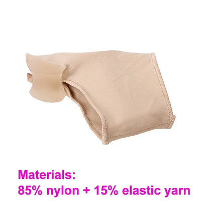 Beige silicone bunion corrector made of 85 percent nylon and 15 percent elastic yarn for foot comfort
