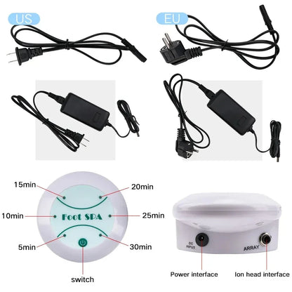 Ionic foot detox machine power cords and control unit with timer settings and power interface