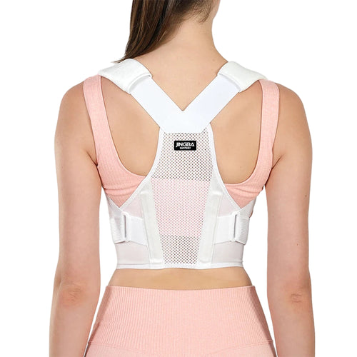 Adjustable posture corrector for back pain worn on back with white straps and mesh support