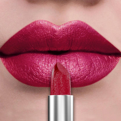 Close-up of lips wearing vibrant glitter metallic lipstick with matching lipstick bullet from Zorelie.co